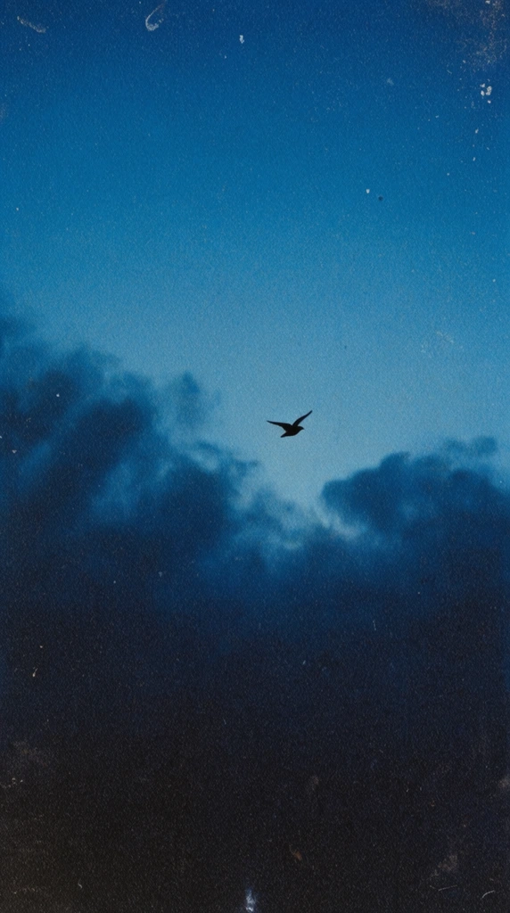 tiny silhouetted bird mid-flight, vast dark blue sky, dense navy clouds in lower half, gradient from azure to midnight blue, vintage film photography, heavy grain, dust and scratches, moody minimalist composition
