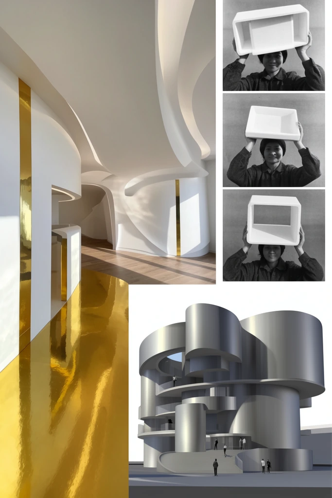 A composite image showcasing an architectural design concept. The left side features an interior view of a futuristic, curving space with predominantly white walls and ceilings, accented by a striking, reflective gold floor panel and vertical gold strips. Sunlight casts shadows on the wooden floor in the background. The right side is split horizontally. The top right shows three black-and-white photos of a person holding various white, rectangular, box-like structures above their head. The bottom right displays a 3D digital rendering of a complex, multi-level building with cylindrical and curved forms, primarily in shades of grey and silver, with small silhouetted figures of people providing scale. The composition juxtaposes physical models, human interaction with forms, and a digital architectural rendering.