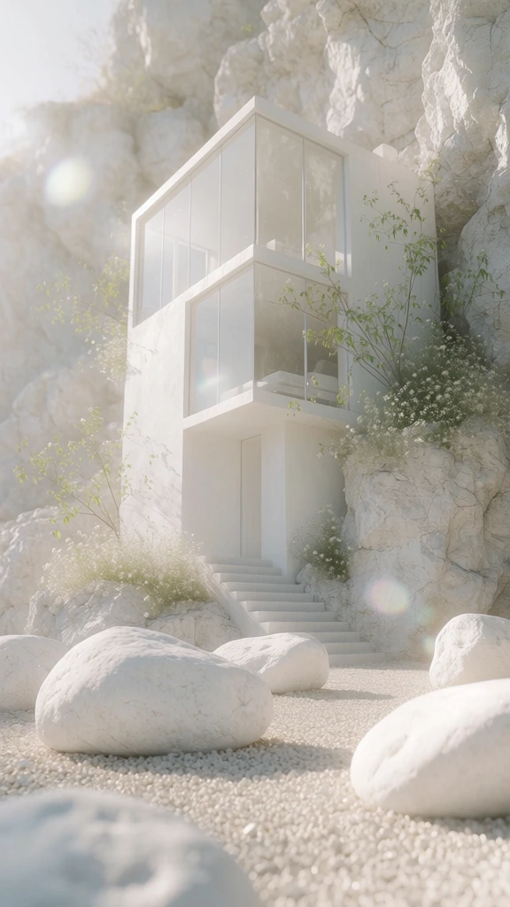 architectural photography of a three-story house on a rugged rock cliff, ethereal hazy lighting with soft backlighting and lens flares, monochromatic palette of pearlescent white and ivory, glossy reflective surfaces, translucent materials, delicate greenery and tiny flowers sprouting from the structure, high-key diffused glow, dreamlike serene atmosphere, minimalist avant-garde aesthetic, cinematic editorial composition, surreal and clean, soft-focus botanicals.