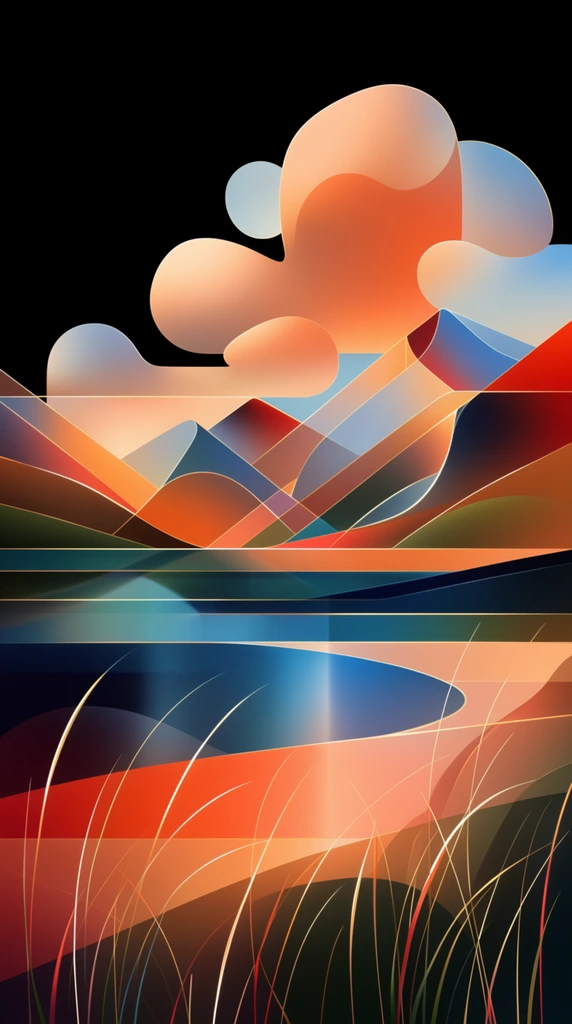 A geometric digital illustration of a landscape featuring tall grasses, a lake, mountains, and large clouds rendered through interlocking, semi-transparent gradient shapes against a stark black background. Delicate, illuminated, minimalist vector strokes form tall grasses curving gracefully upward in the extreme foreground. In the middle ground, a lake is constructed from sweeping, horizontal geometric planes with smooth, glossy gradient transitions of deep navy, teal, and vibrant peach. The background features mountains depicted as crisp, intersecting angular forms mixed with smooth bezier curves. Above the peaks, large clouds float as bulbous, overlapping amorphous blobs with perfectly rounded corners and soft, faux-3D volumetric shading. The composition utilizes a high-contrast, luminous color palette of fiery orange, warm crimson, and cerulean blue blending smoothly across the forms. Soft gradient meshes create a glowing, glass-like translucency where the distinct architectural layers and floating forms overlap. Razor-thin, elegant gold and white contour lines frame and precisely slice through the graphic elements, adding sharp precision to the flowing organic shapes and establishing a layered, modern vector aesthetic.
