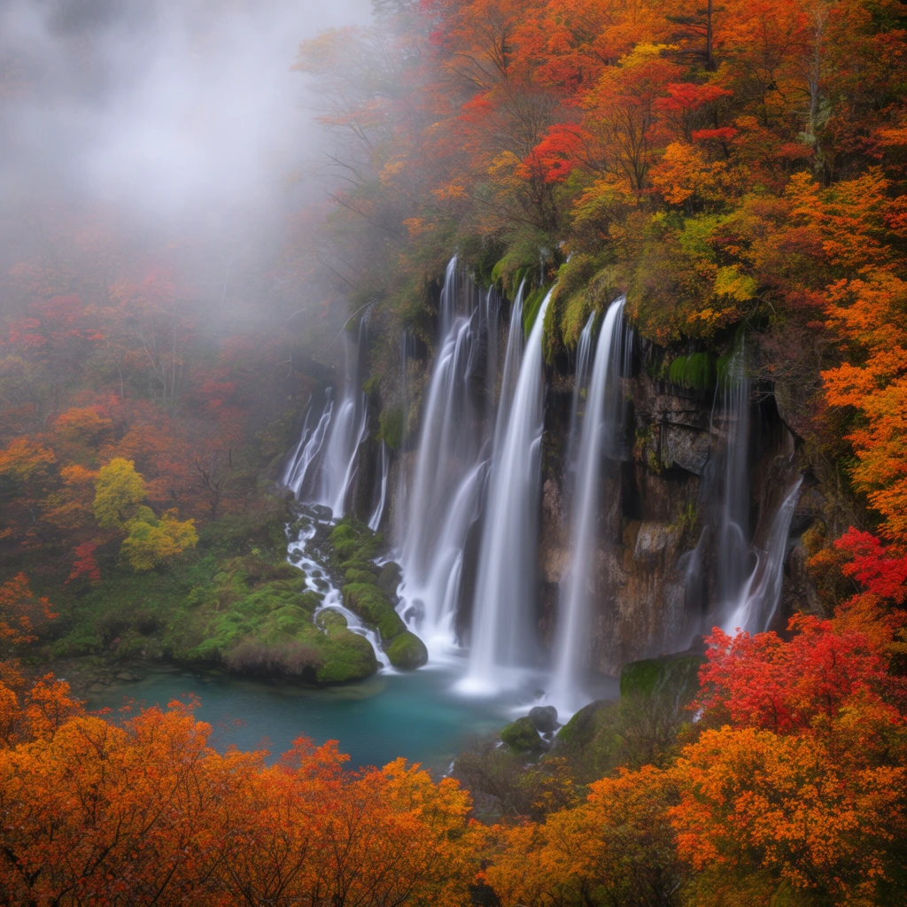 towering cliff face with vibrant autumn foliage, multiple smooth long-exposure waterfalls cascading down a moss-covered rocky drop, calm turquoise pool at the base, dense surrounding forest featuring orange red and yellow leaves, heavy mist rolling from the upper left, obscuring distant trees, atmospheric landscape photography, high angle perspective, rich seasonal contrast