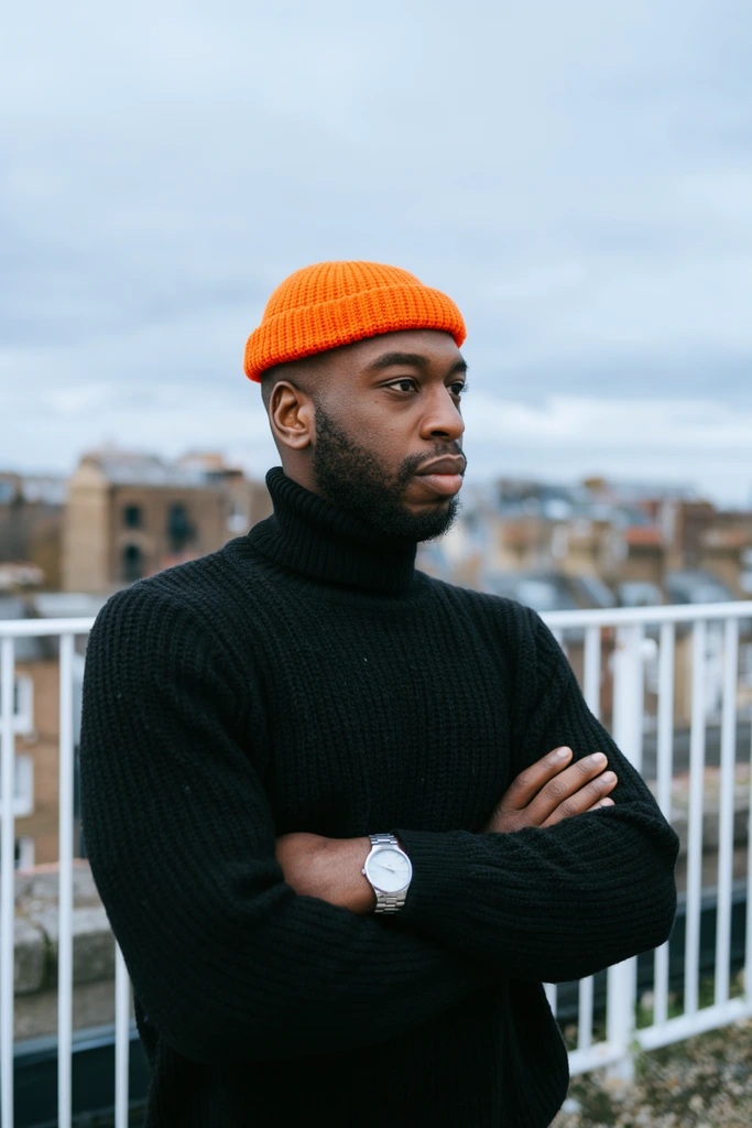 A mid-shot portrait of a Black man with a short beard standing with crossed arms under an overcast sky. He wears a vibrant orange ribbed knit beanie, a thick black turtleneck sweater, and a silver wristwatch. His contemplative gaze is directed off-camera to the right. A white metal railing behind him separates the foreground from a softly blurred cityscape of brick buildings and rooftops. The photography features a shallow depth of field and diffused natural lighting, highlighting the bright orange hat against the cool, muted urban background.
