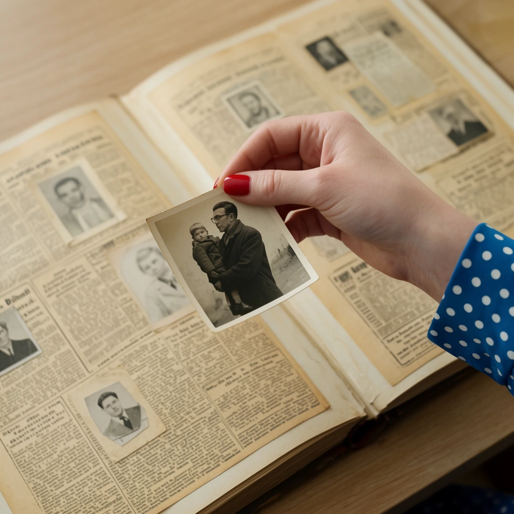 A fair-skinned hand with bright red nail polish holds a vintage black-and-white photograph over an open album of aged newspaper clippings. Extending from the right, the arm is clad in a vivid blue sleeve patterned with white polka dots, the thumb and index finger delicately gripping the top edge of the small square photo. The suspended picture displays a man in a dark coat and glasses carrying a small child in his arms. Beneath it, the large open book rests on a light wood grain surface, its broad yellowed pages completely covered in densely organized printed articles and small monochrome portrait cutouts. A high-angle, close-up perspective employs a shallow depth of field, keeping the held photograph sharply in focus while gently softening the background scrapbook. Soft, diffused lighting enhances the warm sepia tones of the paper, creating a stark color contrast against the bold red nails and blue fabric in a cinematic, highly detailed realistic aesthetic.