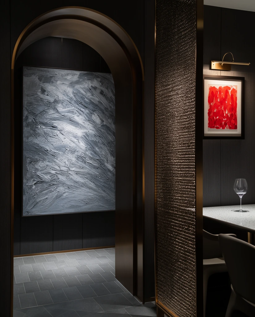 A dimly lit, luxurious interior framed by a deep arched doorway with polished bronze trim. Through the arch, a large abstract painting featuring heavily textured, sweeping strokes of cool grey and white hangs on a charcoal-paneled wall above staggered grey floor tiles. To the right, a woven metallic screen partially reveals an intimate dining area. A white speckled tabletop holds a pristine wine glass beneath a small framed artwork of vibrant red abstract forms, illuminated by a slender brass picture light. Dramatic, low-key lighting emphasizes the rich architectural contrasts between matte wood, gleaming metallic mesh, and thick canvas impasto.