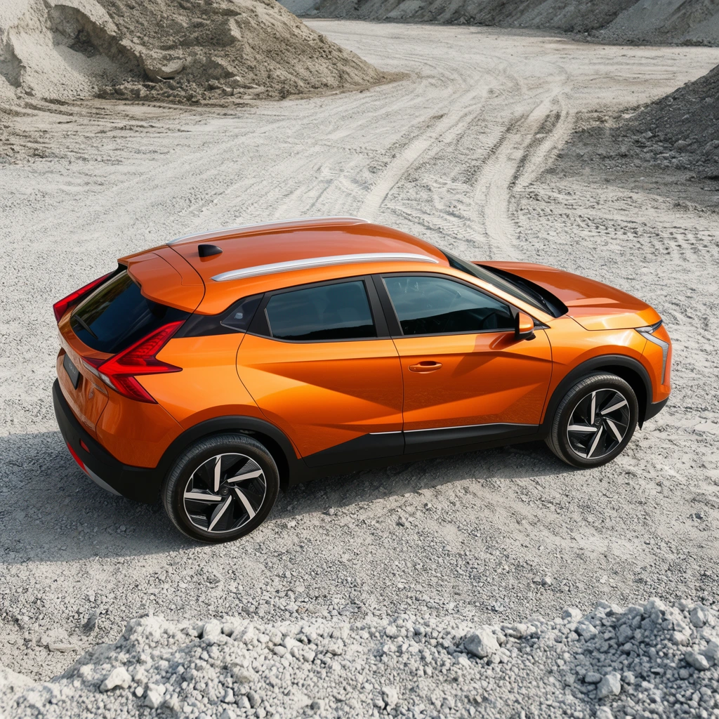 A vibrant metallic orange compact SUV sits parked in a barren pale grey gravel quarry. Viewed from an elevated rear three-quarter angle, the vehicle features sharp angular body creases, a sloping roofline with silver rails, and striking triangular red taillights. Black lower cladding and large star-patterned alloy wheels ground the glossy design. Sweeping tire tracks mark the rugged terrain, leading toward coarse earth mounds in the background. Bright natural sunlight creates crisp linear reflections along the sculpted side panels, emphasizing the stark color contrast of this high-resolution automotive photograph.