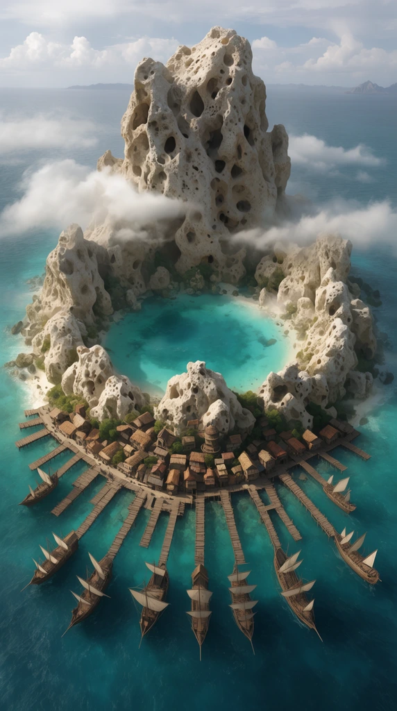 massive porous bone-colored rock island in an ocean, circular rocky atoll forming a turquoise inner lagoon, fantasy settlement clustered at the mountain base, long wooden piers extending radially outward, wooden sailing ships docked at walkways, low clouds clinging to stone, wide aerial perspective, highly detailed cinematic fantasy concept art