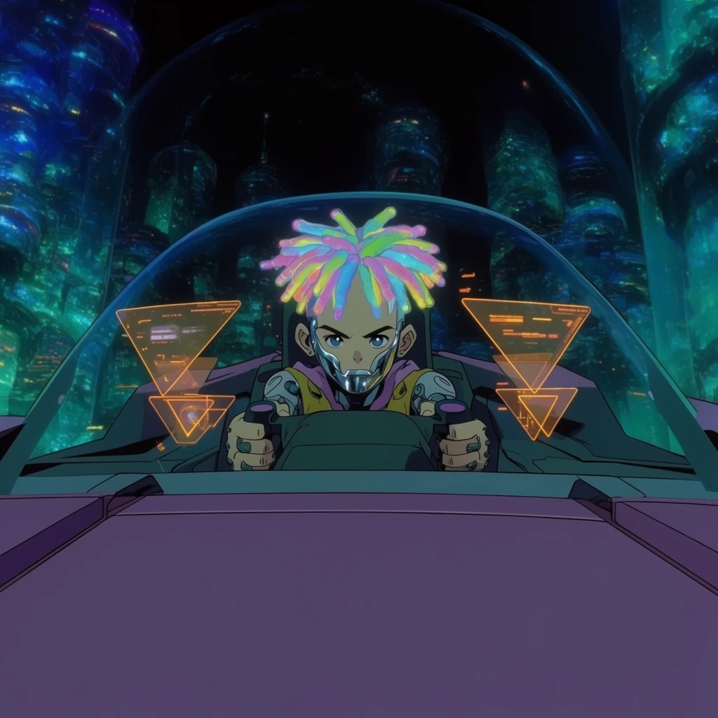 A young cyborg with glowing neon dreadlocks and a chrome jaw drives an angular hover-car through a dark underwater domed metropolis. The driver grasps a steering yoke behind a curved windshield displaying floating amber triangular holographic interfaces. The vehicle features a broad, matte purple hood spanning the foreground. Beyond the glass, towering aquatic skyscrapers emit bioluminescent teal and deep blue lights into the black depths. Rendered in a cinematic 90s anime style with a low-angle perspective from the hood, prioritizing cool atmospheric tones contrasted with vibrant glowing interface elements.