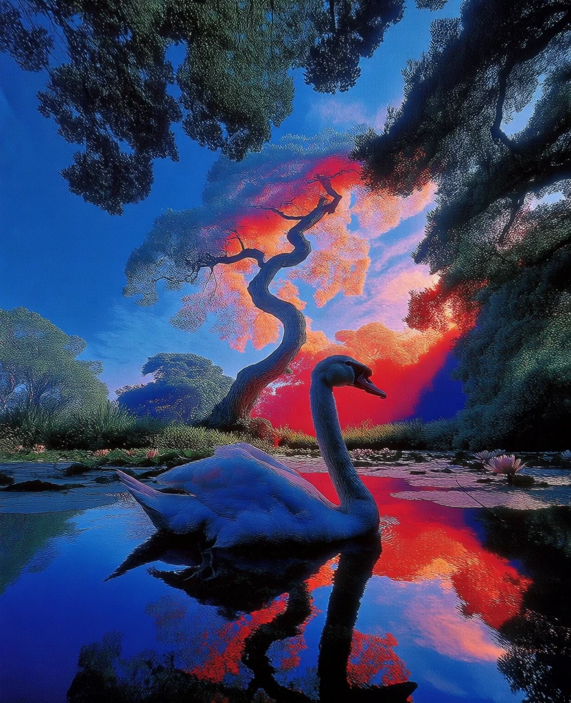 low-angle perspective of a mute swan on a pond with water lilies, framed by dark silhouetted overhanging foliage, intense high-saturation contrast of deep cobalt blue and fiery electric orange, painterly stippled texture in the water reflections, serpentine curve of the swan's neck mimicking the central tree, dreamlike and surreal aesthetic, glowing luminous reds bleeding into shadows, high-key graphic style, rich organic textures, psychedelic color grade, ethereal glowing atmosphere