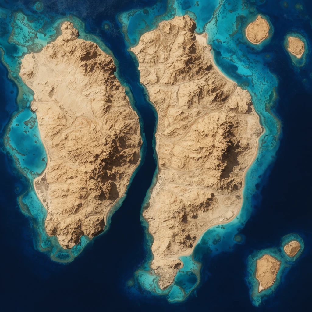 top-down satellite imagery of a narrow ocean strait, rugged tan desert landmasses, deep blue sea, vibrant turquoise coral reefs surrounding arid islands, highly detailed geological textures