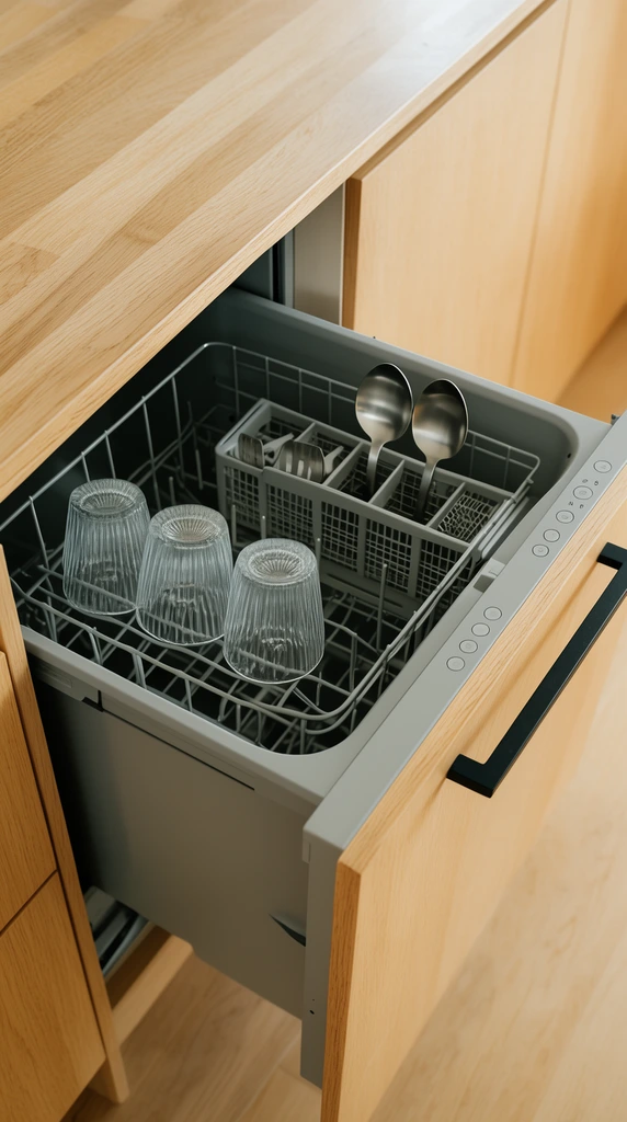 An open grey drawer-style dishwasher seamlessly integrated into light natural wood cabinetry, captured from a high angle. The pulled-out tub features wire racks holding three fluted clear glass tumblers and two stainless steel serving spoons inside a modular utensil basket. A slim control panel with flush circular buttons lines the drawer's top edge. Smooth wood countertops, matching flooring, a flat black metal handle, and warm natural lighting define the minimalist kitchen environment.
