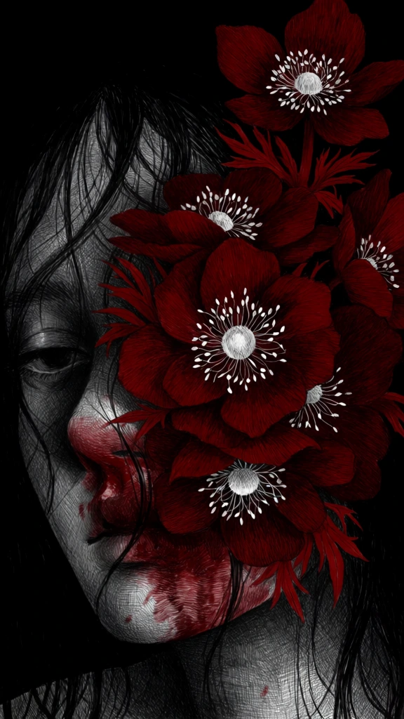 A dark, pen-and-ink illustration features a person’s face emerging from a black void, with vibrant, deep red flowers blooming over their right eye. The central figure is a person with skin rendered through intricate, dense black cross-hatching, giving it a textured, sketched appearance. Wispy, wet-looking black hair falls in thin strands across their forehead and the left side of their face. The visible left eye is dark and downturned, conveying a somber or weary expression. Smears of deep red ink are concentrated around the nose, over the lips, and across the left cheek, resembling bloodstains. A large cluster of layered, dark red flowers, similar to anemones, grows directly from the right eye socket, completely obscuring that side of the face. These flowers feature delicate white highlights on the petals and intricate white, spindly stamens at their centers. Thin, pale pink tendrils and small red buds extend from the floral mass into the surrounding space. The figure is set against a solid, matte black background that provides a stark contrast to the detailed linework of the skin and the vivid red of the blooms. The artwork utilizes a high-contrast, gothic aesthetic with a limited palette of black, white, and crimson, emphasizing the surreal and melancholic tone of the portrait.