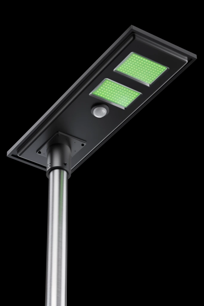 modern black solar street light fixture, flat top panel, green LED window, circular sensor, brushed metal pole, low-angle perspective, black background, 3D product render