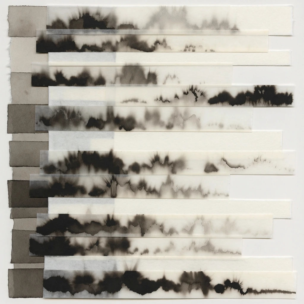 An abstract monochromatic collage is composed of horizontal strips of thin, translucent paper featuring blurred ink washes that resemble distant treelines. Numerous rectangular strips of off-white and semi-transparent paper are layered horizontally across a white background, creating a stacked, rhythmic composition. Each strip contains varying intensities of black and grey ink that has diffused into the paper fibers to form soft, feathery edges. These dark markings appear as silhouettes of misty forests or rows of trees, with some sections showing dense, dark clusters and others displaying faint, sparse shapes. The strips vary in width and length, overlapping in certain areas to create darker, more opaque bands, while single-layered sections remain translucent. The entire composition is contained within a vertical rectangular frame, with the solid light-colored background visible at the edges of the collage. The artwork utilizes a minimalist color palette of white, grey, and black, emphasizing the delicate, fibrous texture of the paper. The perspective is flat and front-facing, with even, diffused lighting that highlights the layered construction. The technique combines collage with ink wash, leveraging the natural absorption of the medium to create an organic, atmospheric effect reminiscent of traditional landscape painting.