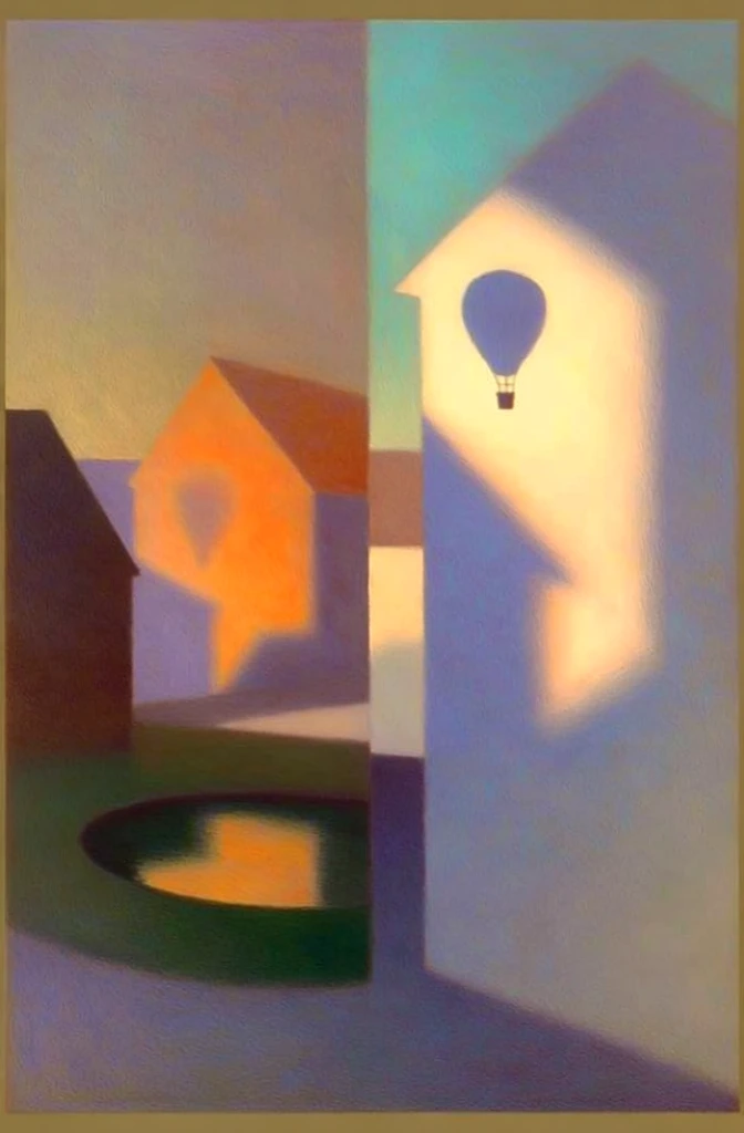 minimalist painterly aesthetic, split-frame composition with vertical division, stylized town, geometric buildings, circular pond, hot air balloon silhouette, high-contrast golden hour lighting, deep lavender and periwinkle shadows, vibrant orange and warm yellow light shapes, soft-focus edges, grainy pastel texture, surreal liminal mood, flat planes of color, muted teal sky, long cast shadows, impressionistic architectural forms, ethereal atmosphere, dreamy color palette