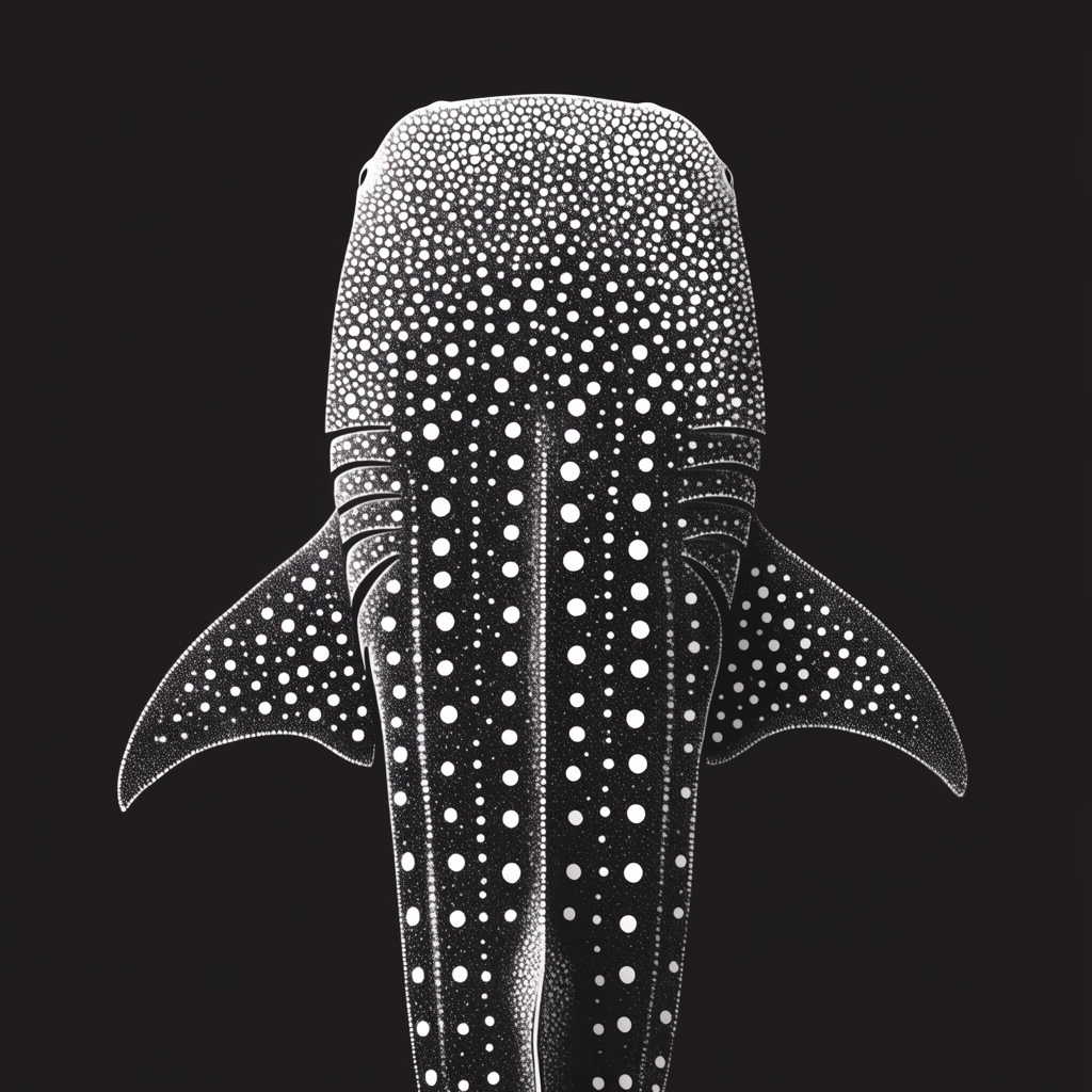 whale shark silhouette formed by white dots, pointillism illustration, solid black background, top-down view, varying dot sizes, high contrast minimalist monochromatic art