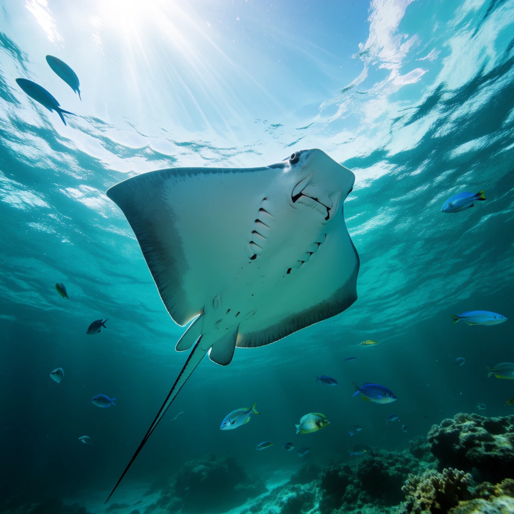 large pale stingray swimming upwards, white underside visible with gill slits, long trailing tail, vibrant deep teal water, surrounded by small silver and blue fish, sunlight filtering through rippling surface waves above, rocky coral reef at bottom right, low angle perspective, luminous underwater photography