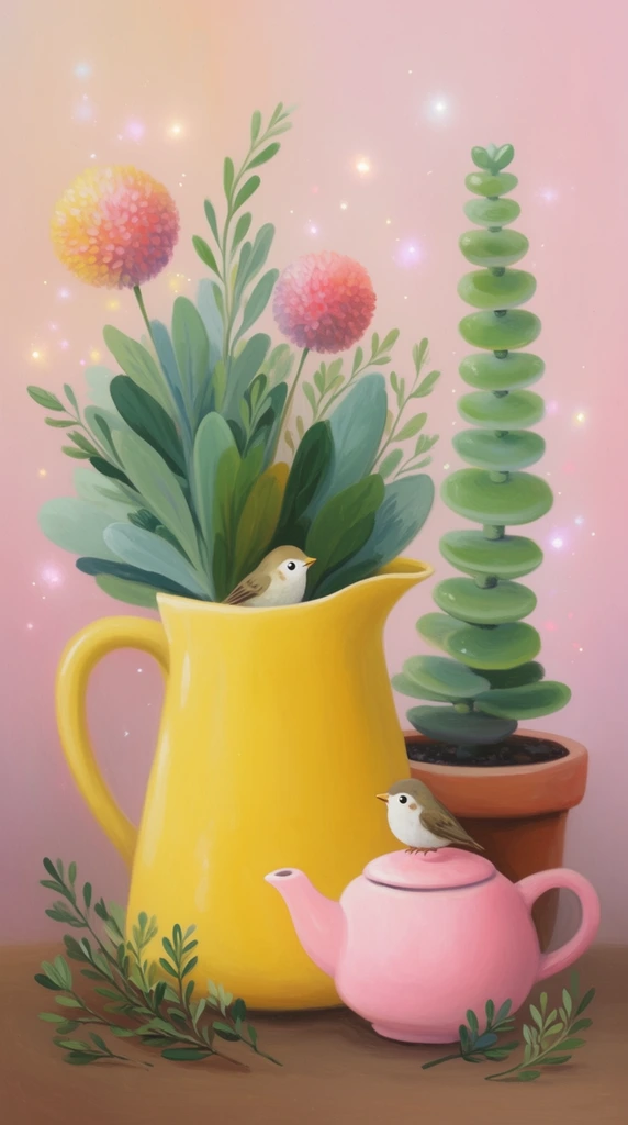 whimsical still life painting of a bright yellow pitcher and small pink teapot on a brown surface, tall potted succulent with stacked round leaves, lush foliage and two spherical flowers emerging from the pitcher, tiny bird peeking over the pitcher rim, second bird resting on the teapot lid, scattered green sprigs, soft gradient pastel pink background, glowing ethereal sparkles floating in the air, storybook illustration style, smooth brushstrokes, soft diffuse lighting