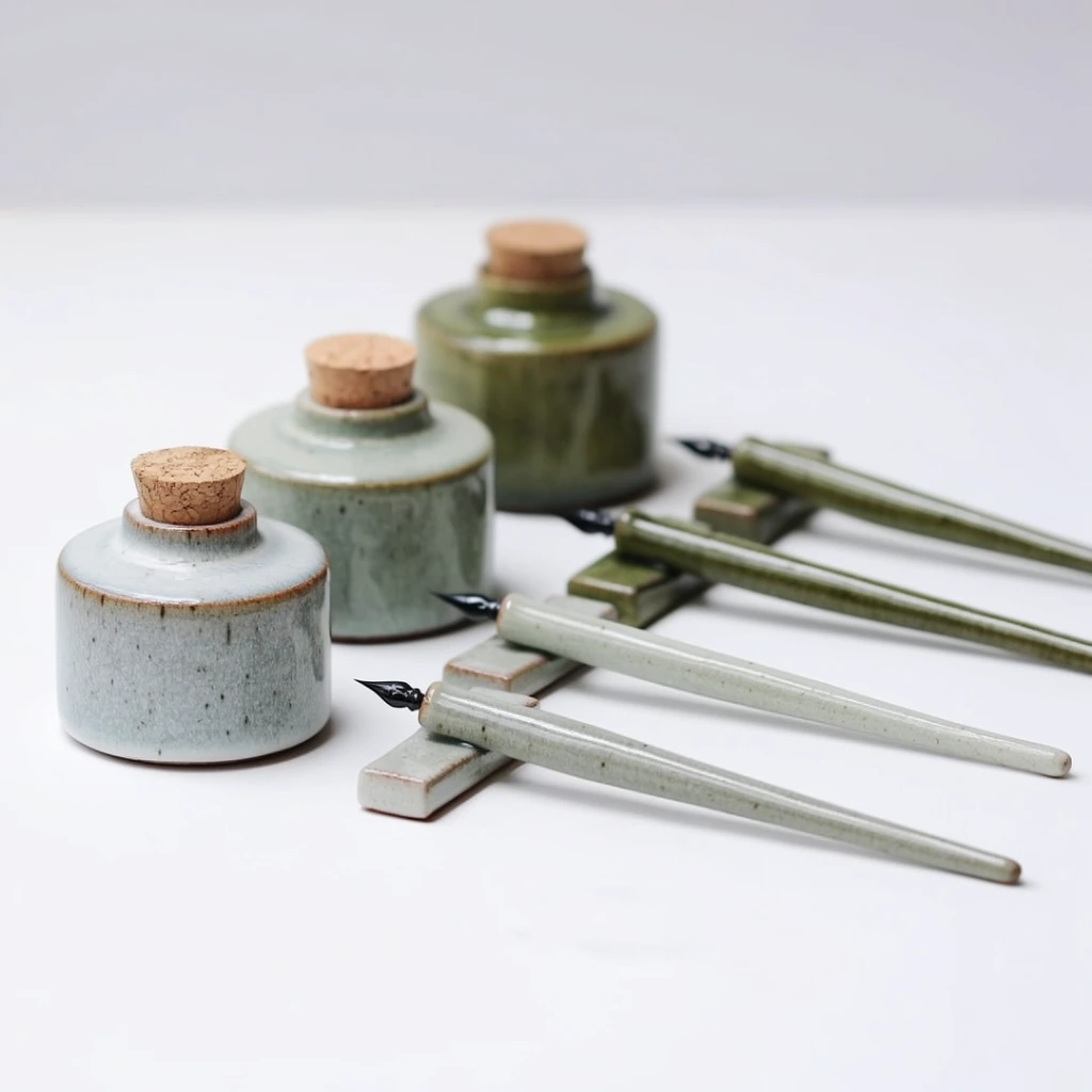 Four ceramic inkwell and dip pen sets arranged diagonally on a stark white background. The glossy, speckled cylindrical inkwells feature cork stoppers and pair with slender ceramic pens resting on tiny rectangular blocks. The sets showcase earthy glazes in pale blue-grey, sage green, and moss green. Soft, diffused lighting casts gentle shadows in a minimalist composition, employing a shallow depth of field to keep the foreground sharp while smoothly blurring the distant objects.