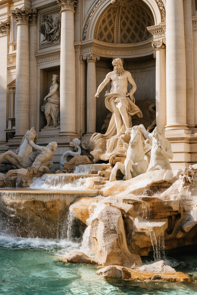 grand Baroque marble fountain, central bearded male deity statue, sculpted rearing horses and mermen, cascading waterfalls over rugged rocks into a clear pool, classical facade with Corinthian columns, arched alcoves, warm sunlight, dynamic water splashes