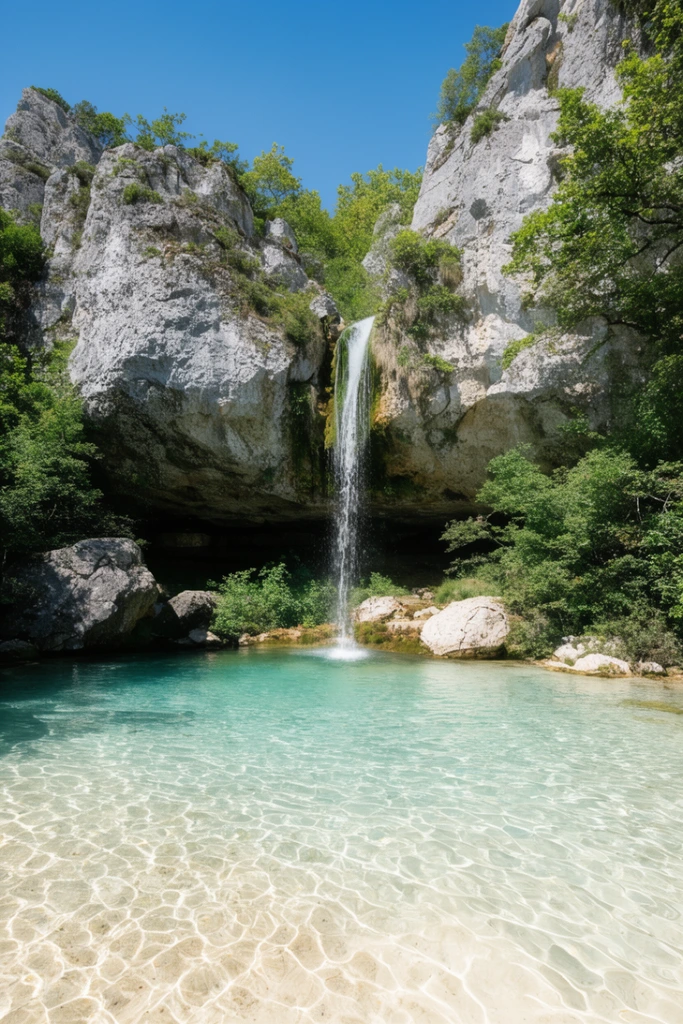 A slender waterfall cascades from a rugged, overhanging cliff into a crystal-clear, shallow aquamarine pool. Sunlight ripples across the sandy bottom visible through the water. Lush green foliage clings to the light grey rock formations surrounding the basin under a bright, cloudless blue sky, captured in natural daylight.
