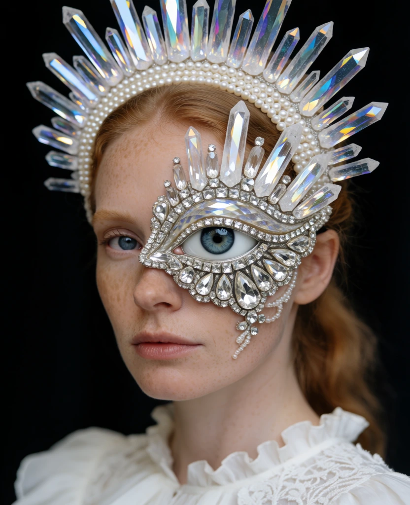 A close-up studio portrait features a woman wearing an elaborate, crystal-encrusted eye mask and a radiating headpiece against a solid black background. The woman has fair skin with a light dusting of freckles, reddish-blonde hair pulled back from her face, and one visible blue eye on the left side of the frame. Over her left eye rests an ornate, sculptural mask shaped like a large eye with a realistic blue iris at its center, surrounded by clear, faceted crystals and silver-toned settings. The lower edge of the mask features teardrop-shaped jewels and intricate beadwork that extends onto her cheek. Growing from the top of the eye mask and curving across her forehead is a dramatic headpiece composed of long, translucent, prismatic shards that fan out like a crown. These crystal spikes sit above concentric rows of small, white pearls. She wears a white, ruffled garment with lace-like textures at her neckline. The lighting is soft on her skin but sharp on the jewelry, creating brilliant highlights and reflections within the many facets of the crystals. The composition is a centered, vertical headshot with a shallow depth of field, emphasizing the intricate details of the avant-garde accessory.