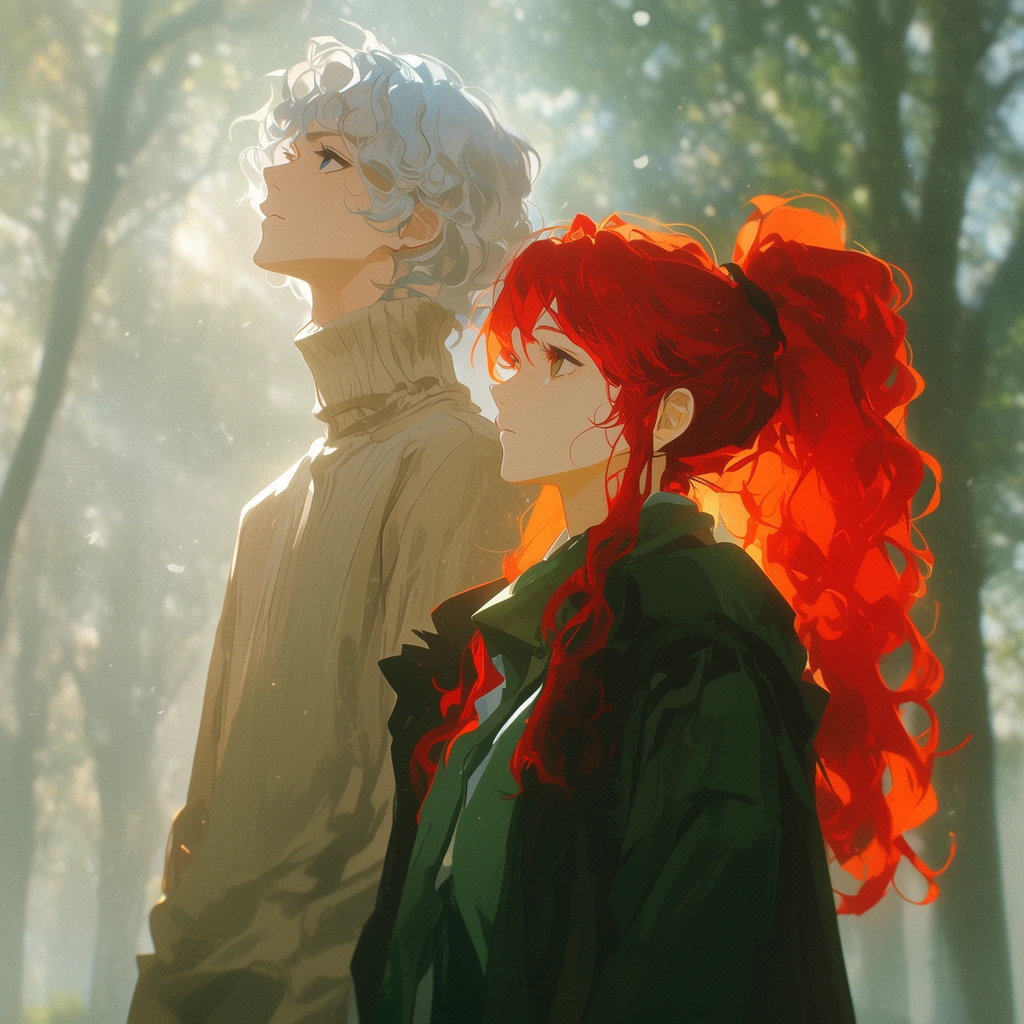 Two anime-style figures stand in a sun-dappled, hazy grove with blurred trees. A young man with wavy silver hair and a beige turtleneck gazes upward alongside a young woman with a fiery red ponytail and dark green jacket, both bathed in ethereal, cinematic lighting.