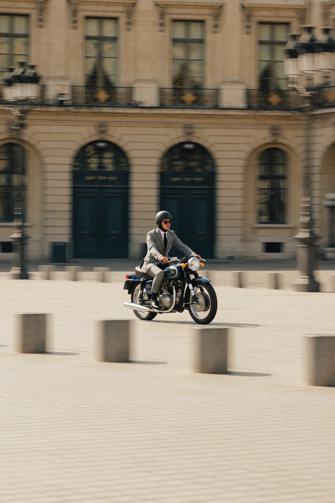 A man in a tailored light grey suit, dark tie, open-face helmet, and sunglasses rides a vintage dark blue motorcycle with chrome accents across a wide paved plaza. A strong horizontal panning motion blur keeps the central rider sharp while blurring the foreground row of short cylindrical bollards and the architectural background. The backdrop features a grand European-style building constructed of light beige stone, detailed with dark arched ground-floor doorways, upper windows with wrought-iron balconies, and ornate street lamps on either side. The photograph features a warm, muted color palette of soft beige, grey, and dark blue under bright natural daylight, emphasizing the dynamic speed of the motorcycle.