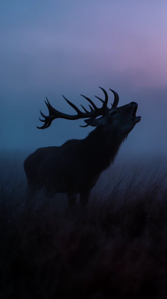 silhouetted stag with massive antlers, head tilted back bellowing, deep dark grass, heavy fog, moody blue and purple twilight atmosphere, cinematic