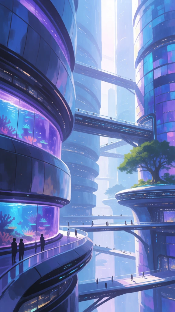 A towering futuristic city interior opens upward like a canyon of glass and light, filled with elevated walkways, glowing purple habitats, and tiny human figures moving through a serene, dreamlike megastructure. Digital concept art, painterly sci-fi matte painting, architectural futurism, utopian cyberpunk, soft-edged brushwork, glossy surfaces, immense vertical perspective, high detail, atmospheric depth, luminous haze, Moebius-adjacent, Syd Mead-adjacent, Beeple-adjacent, cool palette, icy blue, lavender, violet, indigo, cyan, silver-white highlights, gentle bloom, high exposure in the skywell, moderate contrast, reflective sheen, no visible camera metadata, no obvious lens distortion, no film grain, no motion blur, clean digitally rendered finish. On the far left foreground, a massive curved building face sweeps from the upper left corner down toward the lower center, its stacked horizontal bands enclosing huge aquarium-like windows glowing purple; inside these windows are coral formations, aquatic plants, and small fish-like shapes suspended in violet water. At the bottom left, the same structure curves inward, with a darker pedestrian platform wrapping around it and a few shadowy people standing near the rail. On the right side, another giant cylindrical tower rises from the lower right edge to the top right, covered in tall luminous panels and reflective windows with blue-violet shimmer; a leafy green tree juts inward from the mid-right edge, breaking the metallic scene with organic texture. In the center, the space opens into a deep vertical atrium packed with layered bridges and skyways crossing left to right at several heights, some broad and close, others faint in the misty distance. The brightest area is the upper center, where white daylight pours down from above, scattering through haze and sparkling particulate reflections. Mid-lower center, a broad pedestrian bridge arcs gently across the scene, carrying several tiny silhouetted figures spaced apart, each upright and walking calmly. Below that, more curved terraces and channels spiral downward, lined with glowing windows and occasional planters. The entire environment feels quiet, expansive, luxurious, and aquatic, as if a city, aquarium, and vertical garden have fused into one immense, peaceful future habitat.