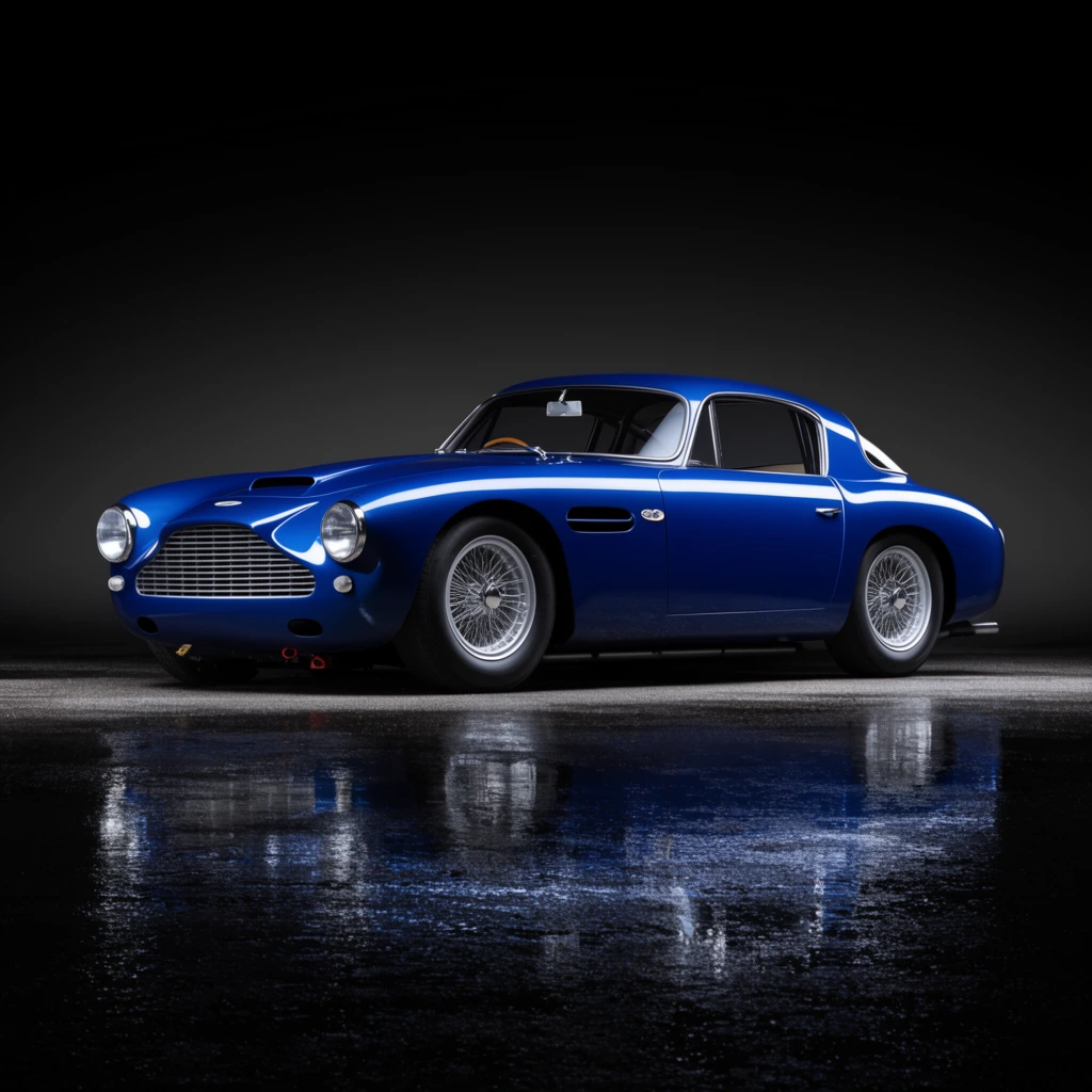 Sapphire blue vintage racing coupe, silver wire-spoke wheels, dramatic spotlighting, wet asphalt, dark studio background, low-angle profile, glossy reflections