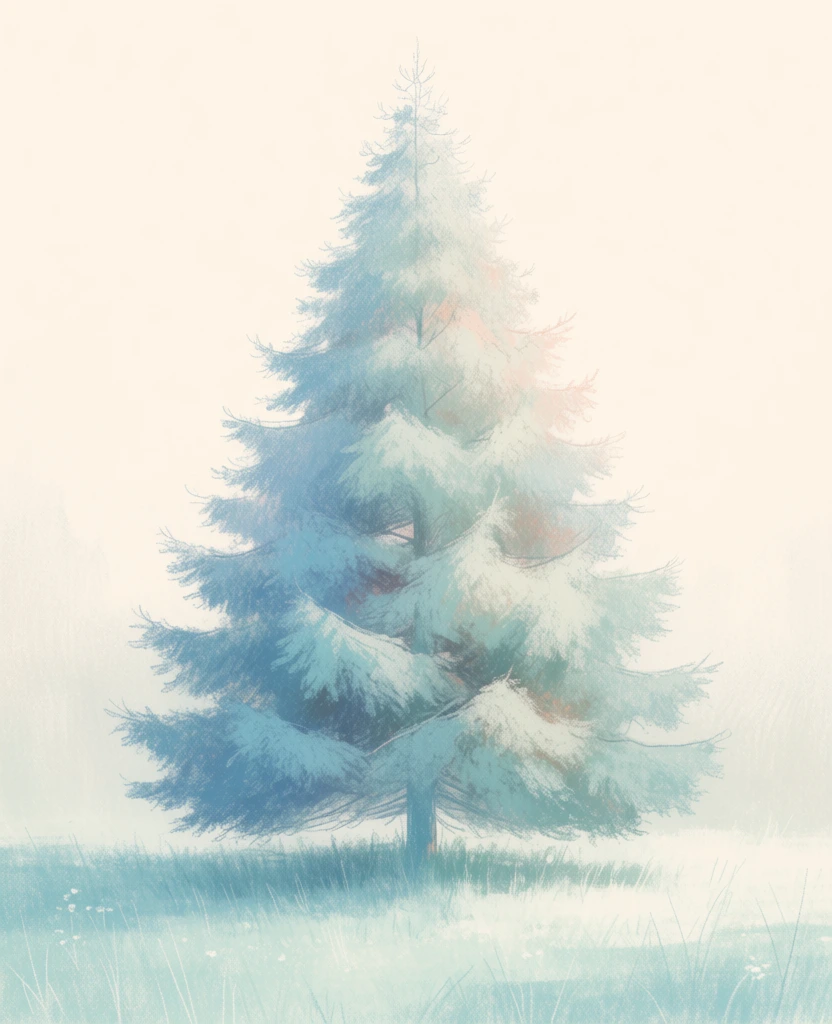 a majestic evergreen tree centered in a soft grassy clearing, ethereal illustrative style with visible colored pencil textures and fine scribbled strokes, color palette of pale cerulean blue and minty teal mixed with creamy whites and soft peach highlights, high-key lighting creating a hazy dreamlike glow, delicate cross-hatching details on needles and grass, minimal background with a soft cream-colored atmosphere, whimsical and airy aesthetic, soft hazy edges, luminous and painterly.