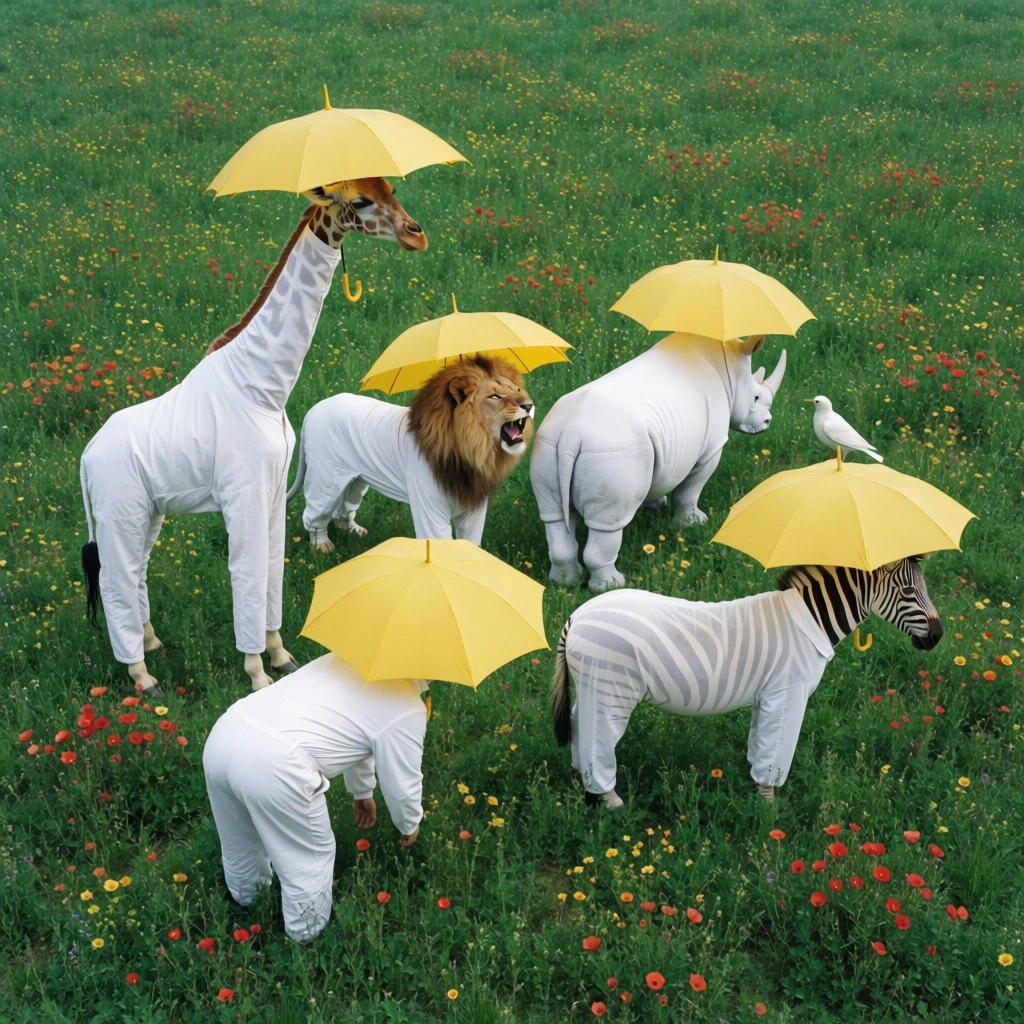high-angle surrealist photography, circular formation of a giraffe, lion, rhinoceros, zebra, and bird dancing in a lush emerald meadow, all animals clad in pristine white jumpsuits with bright yellow umbrellas worn as hats, scattered red and yellow wildflowers, vibrant saturated color palette, soft filmic lighting, grainy texture, playful dreamlike atmosphere, wide overhead composition, 1970s surrealist aesthetic, whimsical and coordinated movement, flat yet rich tones.