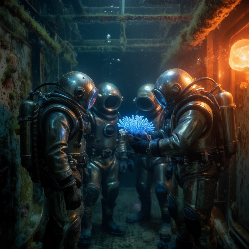 Four deep-sea divers in bulky, metallic atmospheric suits stand together in the dimly lit, algae-covered metal corridor of an underwater research station. One diver holds a glowing blue coral specimen, drawing the group's focused attention. The figures are illuminated by a warm, orange bioluminescent light source off-camera to the right, creating high-contrast cinematic lighting with deep shadows.