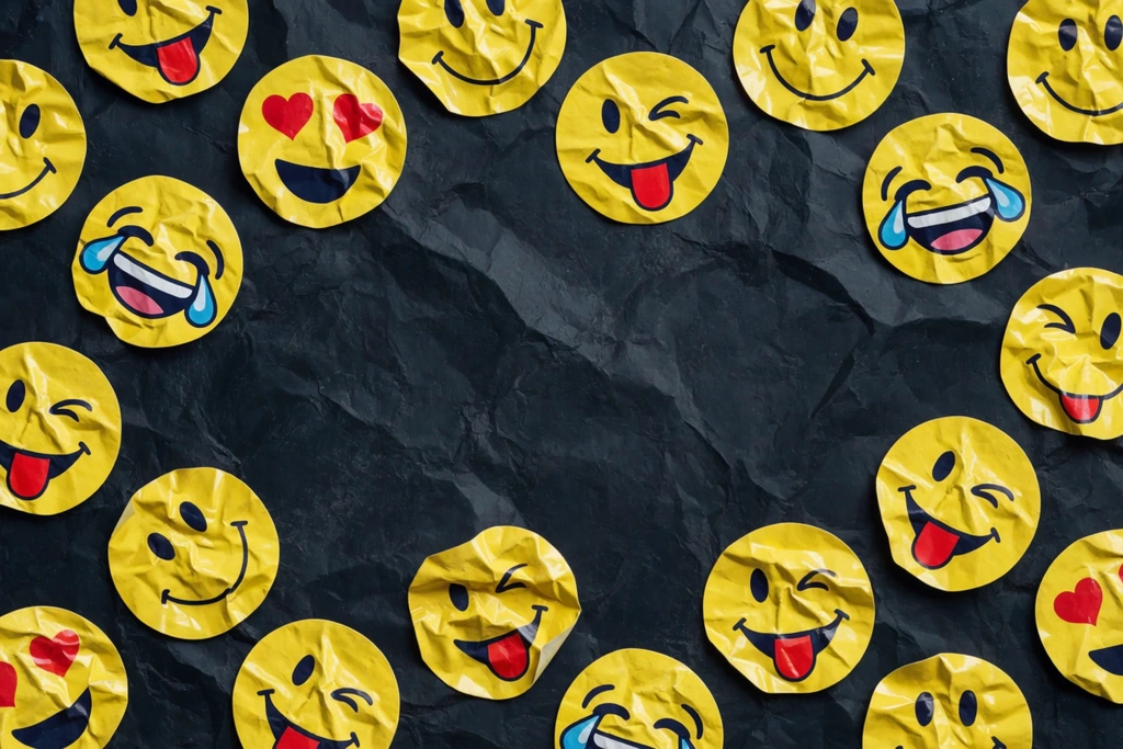 crumpled yellow round stickers with various smiley face expressions, scattered around a dark heavily textured background, glossy vinyl with realistic wrinkles and creases, laughing faces with blue tears, red heart eyes, winking faces with red tongues, central negative space, flat lay, top-down view, high contrast, vibrant yellow against dark charcoal, studio lighting