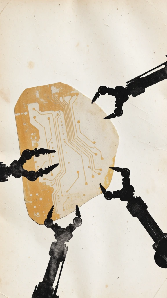 hand-cut analog collage on aged cream paper, a large organic-shaped circuit board scrap with faded ochre pathways, four robotic arms as grainy high-contrast black xerox cut-outs interacting with the board, tactile mixed-media textures, visible ink bleed, halftone dot patterns, minimalist floating composition, ample negative space, jagged deckled edges, vintage lithographic aesthetic, coarse paper grain, lo-fi surrealist atmosphere, industrial forms rendered via organic paper artifacts