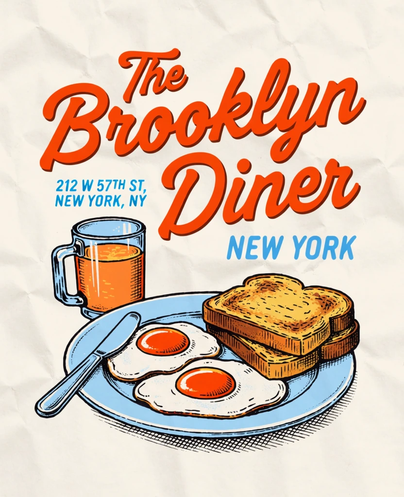 A vintage-style graphic illustration for a diner features a breakfast setting and accompanying typography centered on a textured, off-white background that resembles crumpled paper. At the bottom of the composition, a light blue ceramic plate holds two sunny-side-up eggs with bright orange yolks and white edges, alongside two thick slices of golden-brown toasted bread stacked on the right. A silver butter knife with a rounded handle rests on the left edge of the plate. Positioned just behind the plate on the left is a clear glass mug with a square handle, filled with an orange-colored beverage. Above the breakfast plate, the words "The Brooklyn Diner" are displayed in a large, bold, orange-red cursive script font with a subtle dark drop shadow. To the left of the word "Diner" and below "Brooklyn," the address "212 W 57TH ST, NEW YORK, NY" is printed in a small, blue, all-caps sans-serif font. To the right of the word "Diner," the location "NEW YORK" appears in a slightly larger, bold, blue sans-serif font. The illustration style utilizes black ink outlines and fine cross-hatched shading for depth, particularly on the toast and the base of the plate. The perspective is from a high-angle view, looking down at the tabletop arrangement, and the color palette is restricted to shades of orange, light blue, and yellow against the cream-colored background.