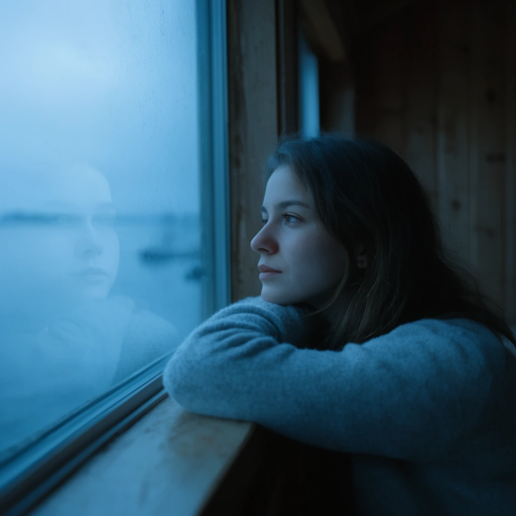 young woman gazing out a large cabin window, chin resting on crossed arms, light grey sweater, faint facial reflection on the glass, cool blue cinematic color palette, overcast sky and water visible outside, dimly lit interior, soft diffused light