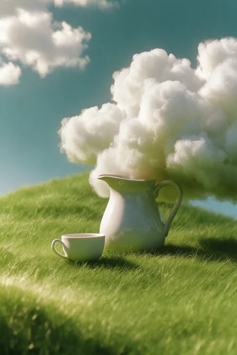 Velvet Pastoral Surrealism style reference image — rolling mossy hills