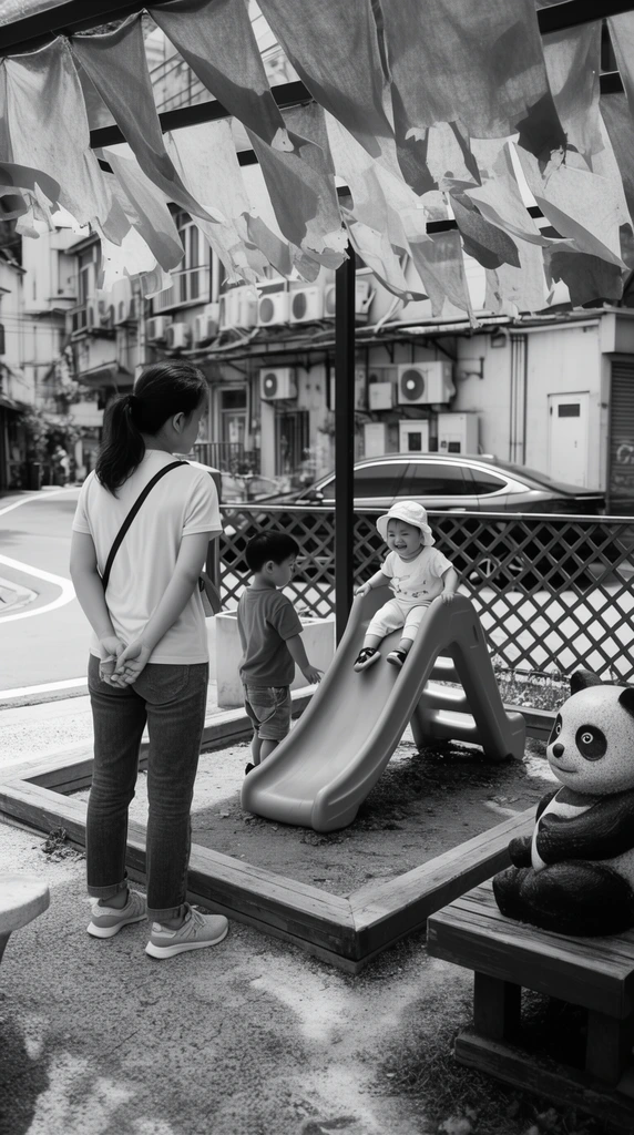 A woman and two young children occupy a compact urban playground beneath a canopy with tattered fabric flaps in this high-contrast black-and-white photograph. The woman stands with her back to the camera, hands clasped, observing a curving paved street. Beside her, a boy stands next to a small slide where a smiling toddler in a sun hat sits. A square wooden border encloses the ground. The background features a lattice fence, a parked car, and a building with exterior air conditioning units, while a stone panda statue rests on a bench in the foreground. Bright daylight creates sharp shadows and crisp textures.