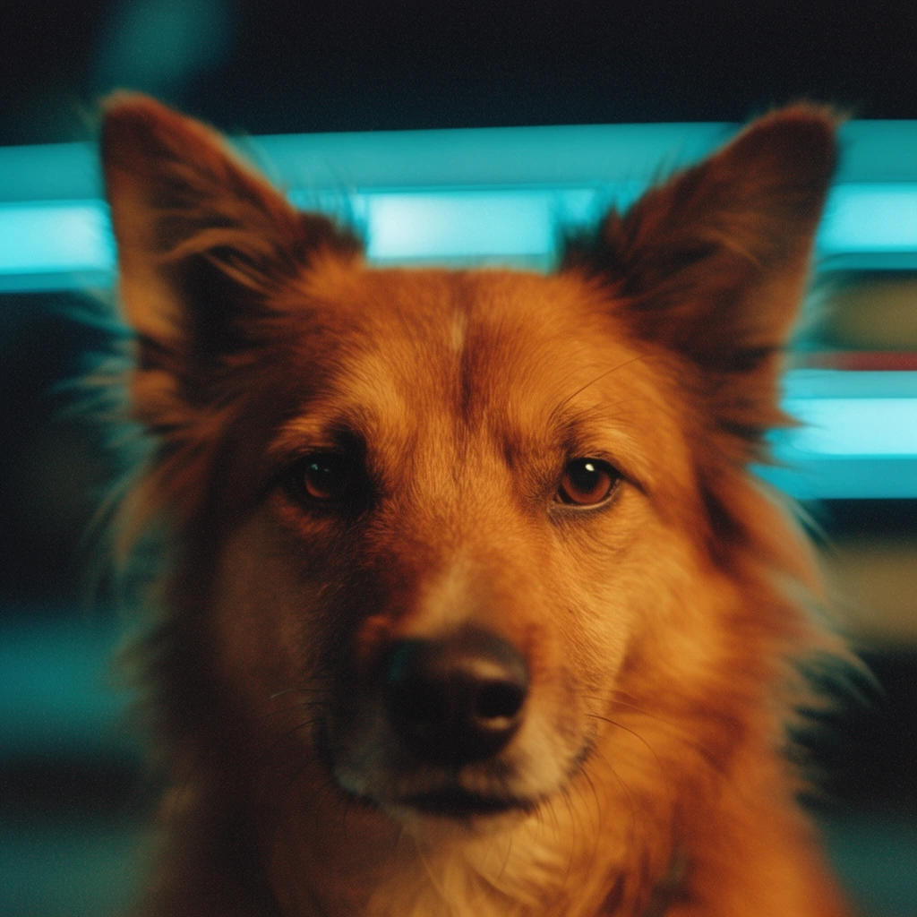 close-up portrait of a brown dog with pointed ears, warm lighting on textured fur, blurred cyan horizontal neon lights in dark background, shallow depth of field, anamorphic bokeh, cinematic film grain