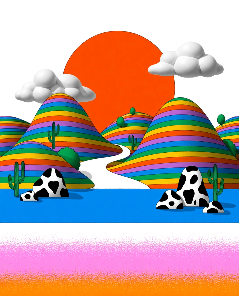 Surreal pop-art landscape, large orange sun in a white sky with 3D puffy clouds, rolling hills with horizontal rainbow stripes, winding white river, scattered green trees and cacti, black and white dalmatian-spotted boulders, flat blue midground lake, foreground of wide horizontal stippled bands in white pink and orange, bold graphic design, vibrant saturated colors, mix of flat vector art and subtle 3D volume, clean edges