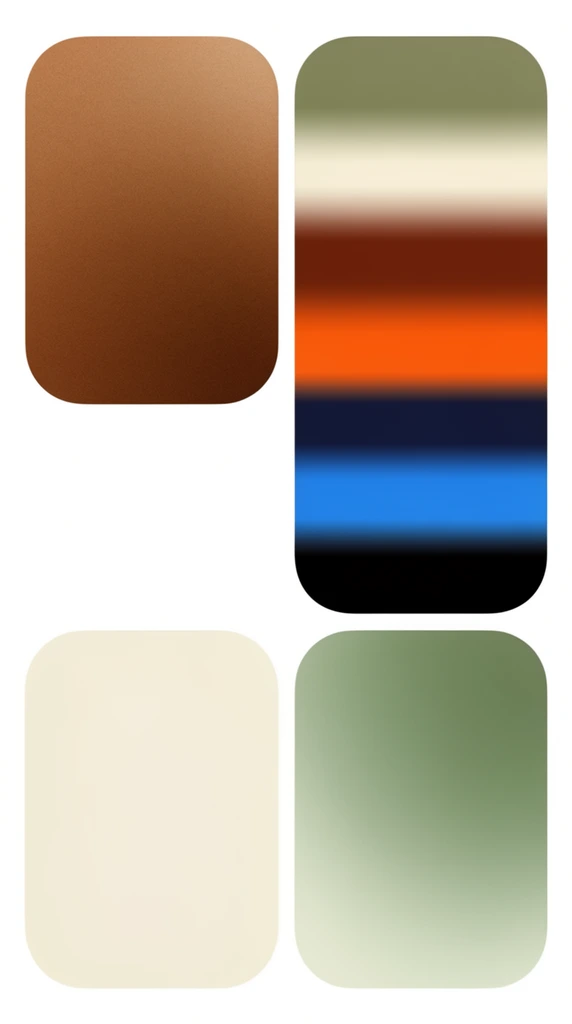 A minimalist graphic layout features rounded geometric shapes arranged on a crisp white background. The upper-left rounded square displays a rich, textured saddle-brown gradient. Beside it, a vertical column stacks horizontal color bands transitioning through olive, cream, mahogany, vibrant orange, navy, bright blue, and black. Two lower rounded squares sit side-by-side, with the left showing a solid pale cream surface and the right a smooth sage-green gradient. The composition emphasizes modern UI aesthetics, flat design principles, and precise spatial balance.