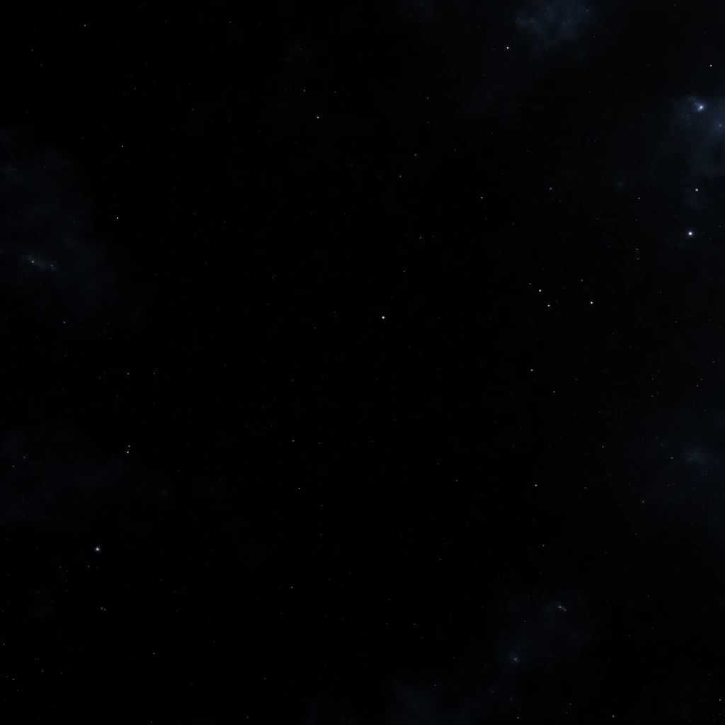 A vast, pitch-black cosmic void dominates a deep outer space scene. Scattered across the extreme darkness are faint, pinpoint stars of varying intensities, appearing as tiny, sharp white and pale blue dots. Subtle, hazy blue gas clouds and distant nebulae are faintly glowing towards the edges, enhancing the atmospheric depth. The composition is an entirely uninterrupted, wide-angle panoramic view of the night sky, conveying a sense of immense scale, absolute coldness, and profound isolation. The visual style mimics high-contrast astrophotography, focusing heavily on dense, pitch-black space punctuated by delicate, glowing starlight across the widescreen framing.