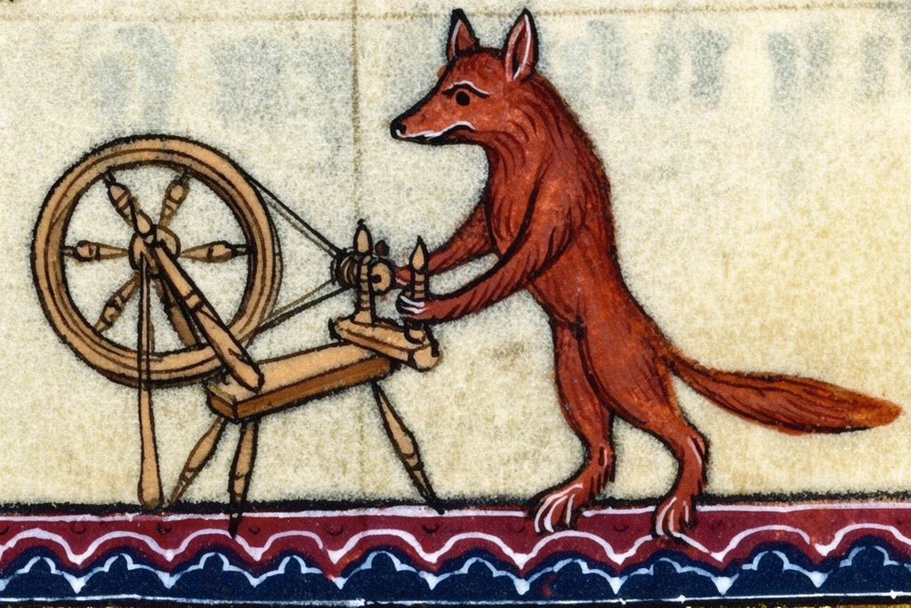 An anthropomorphic red fox stands upright holding a wooden spinning wheel in a medieval illuminated manuscript illustration. Rendered in earthy russet inks with flat perspective against aged parchment, the stylized creature rests above a decorative scalloped border of deep crimson, white, and navy blue.