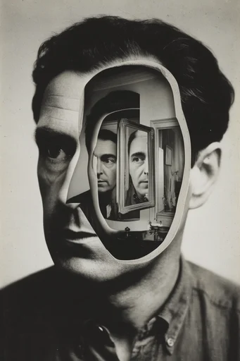 Monochrome Surrealist Noir style reference image — dadaist photomontage