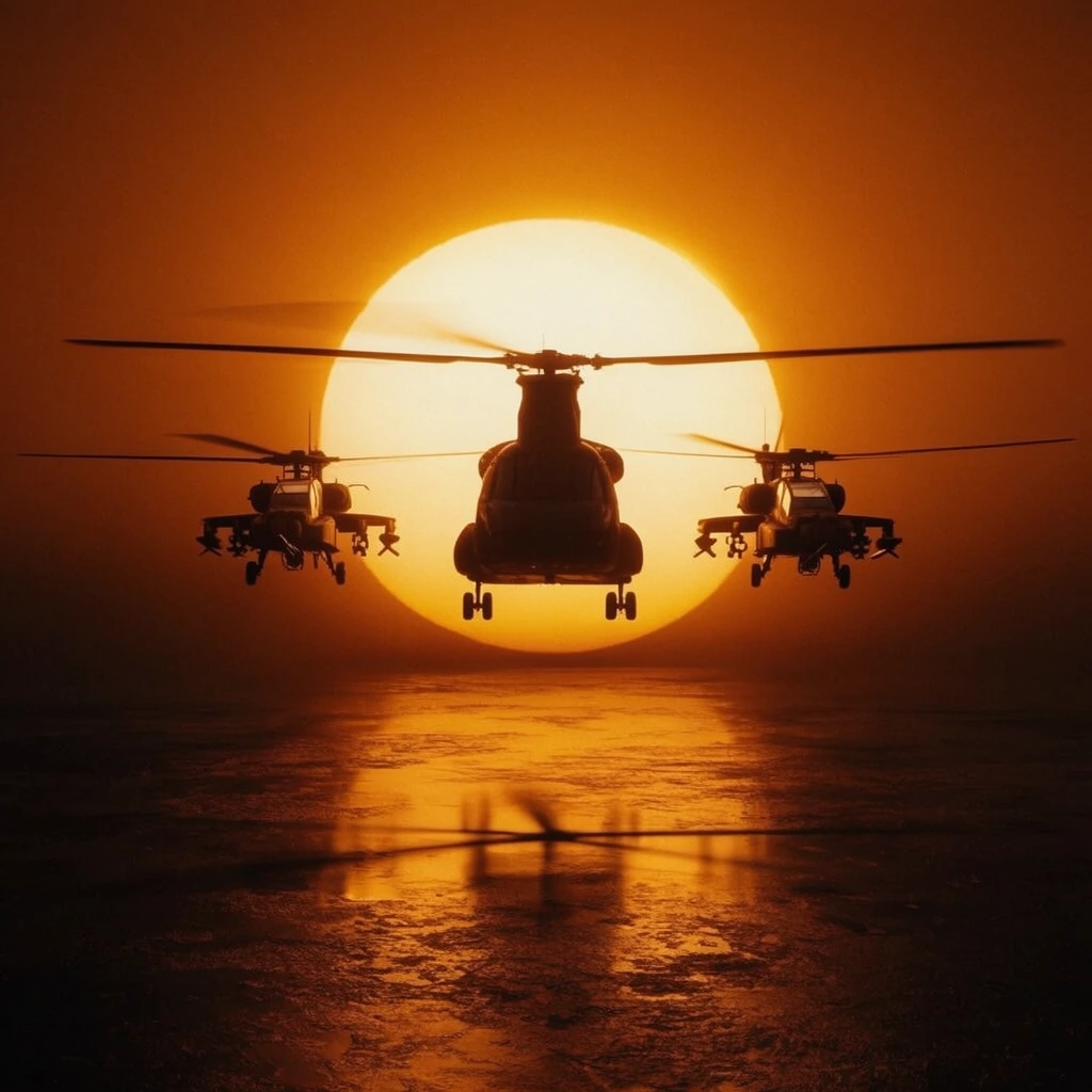Three helicopter silhouettes fly in formation against a massive, glowing golden sun on the horizon. A central twin-rotor transport helicopter is flanked by two smaller attack helicopters. Below, a dark, textured reflective surface mirrors the intense amber sunlight and a faint rotor silhouette. The dramatic scene is bathed in a monochromatic deep orange glow, emphasizing high-contrast lighting and cinematic composition.