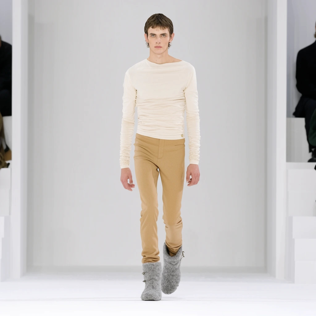 Male model walking on a stark white runway, wrinkled cream long-sleeve top, fitted tan trousers, textured grey wool boots, neutral expression, bright minimalist architectural background, high fashion photography