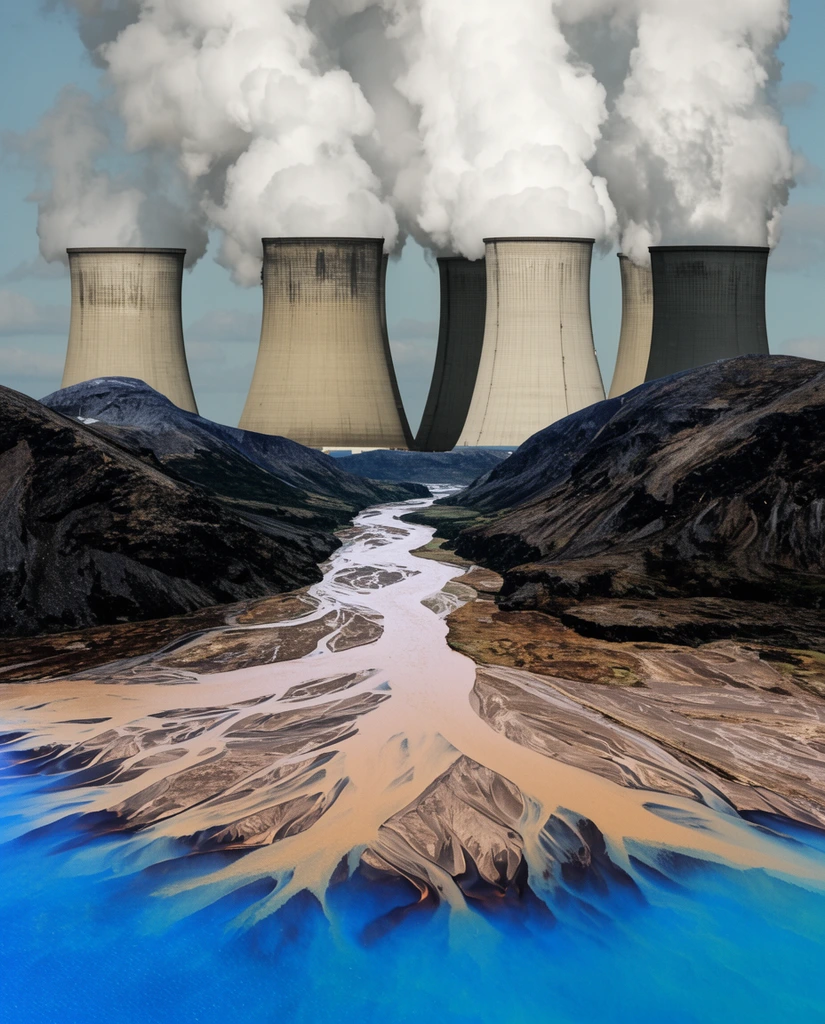 muddy river delta flowing into vibrant blue water, dark rocky hills, massive industrial cooling towers billowing thick white steam, surreal landscape collage, stark environmental contrast