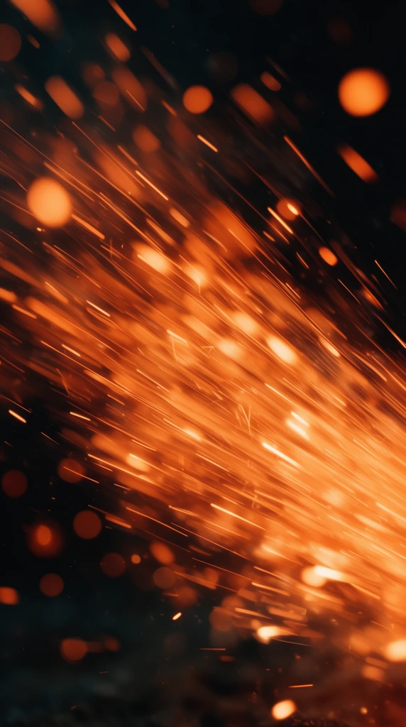 glowing orange sparks streaking diagonally across a dark background, luminous motion blur, radiating energy, high contrast macro photography, scattered bokeh