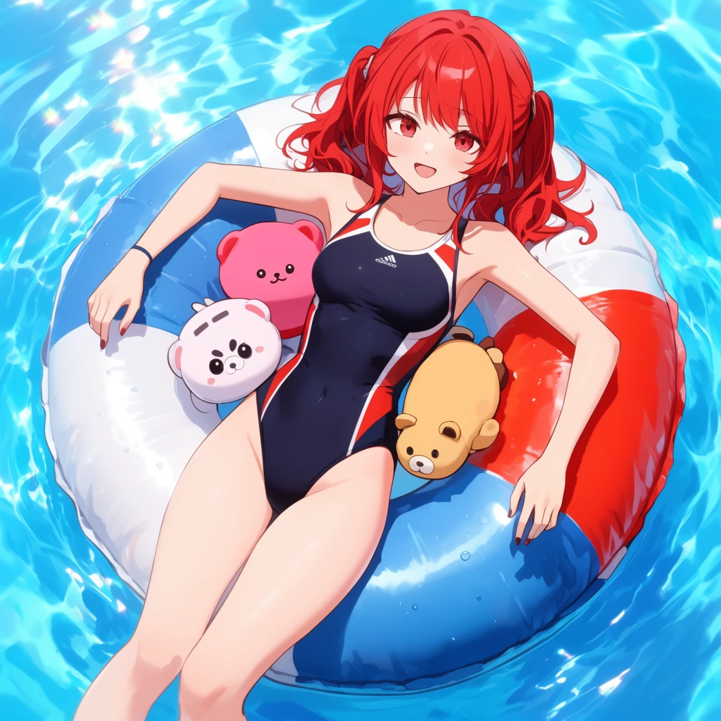 Red-haired anime girl floating on a two-tone inflatable tube in a sunlit swimming pool, sporty swimsuit, plush toys, top-down perspective, vibrant colors